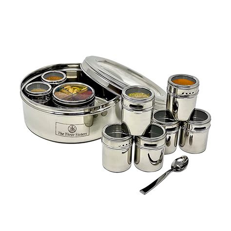 the three sisters stainless steel masala dabba spice box|masala dabba spice box.